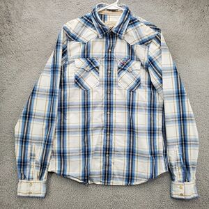 Hollister Plaid Pearl Snap Shirt Mens XL Long Sleeve Blue White